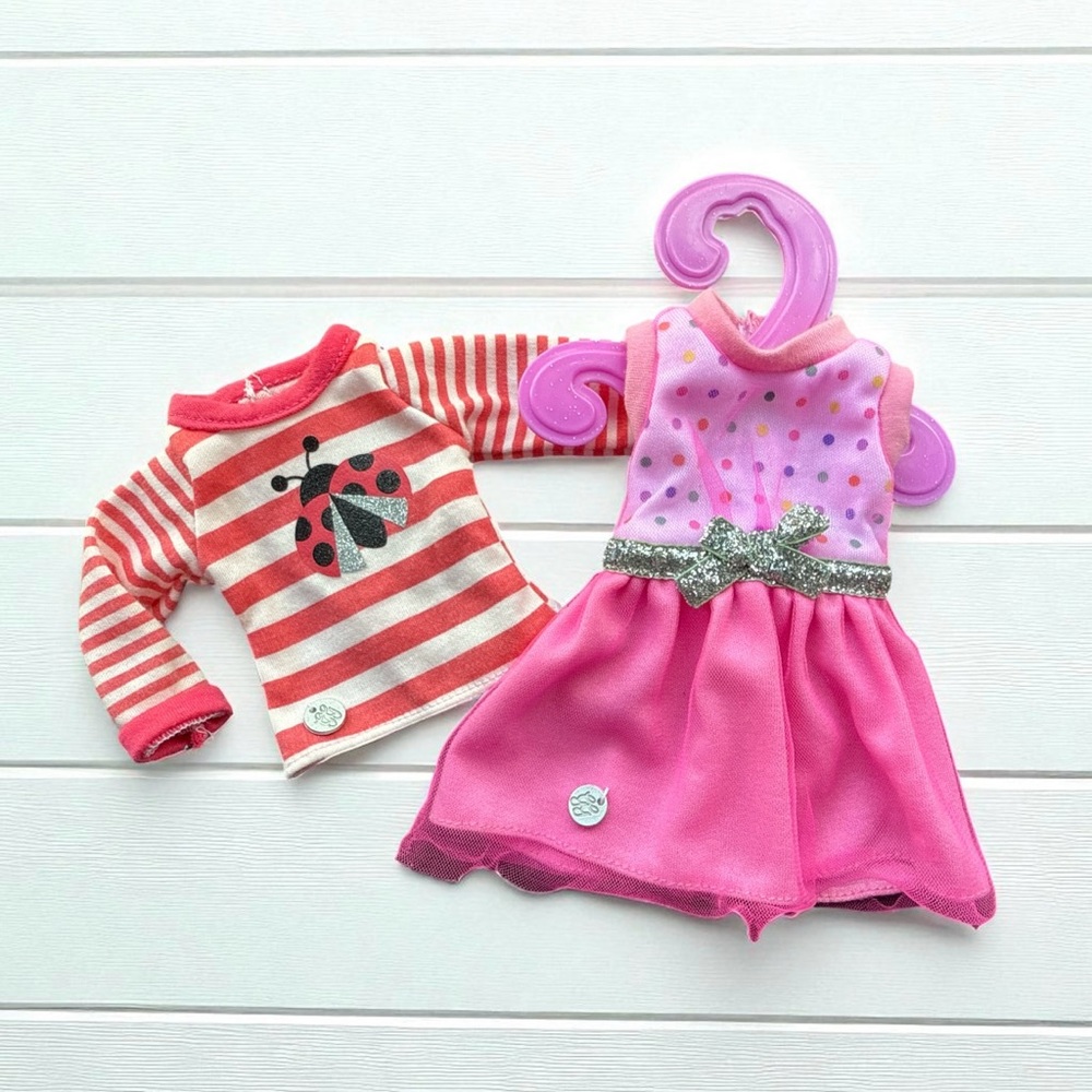 Glitter Girls Doll Clothes Lot: Ladybug Tee & Pink Dress Outfit with Hanger